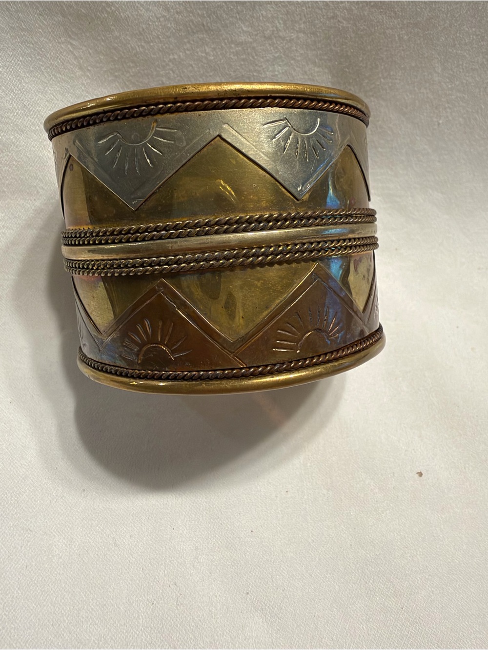 Vintage two tone wide cuff bracelet Sun twisted metal motif